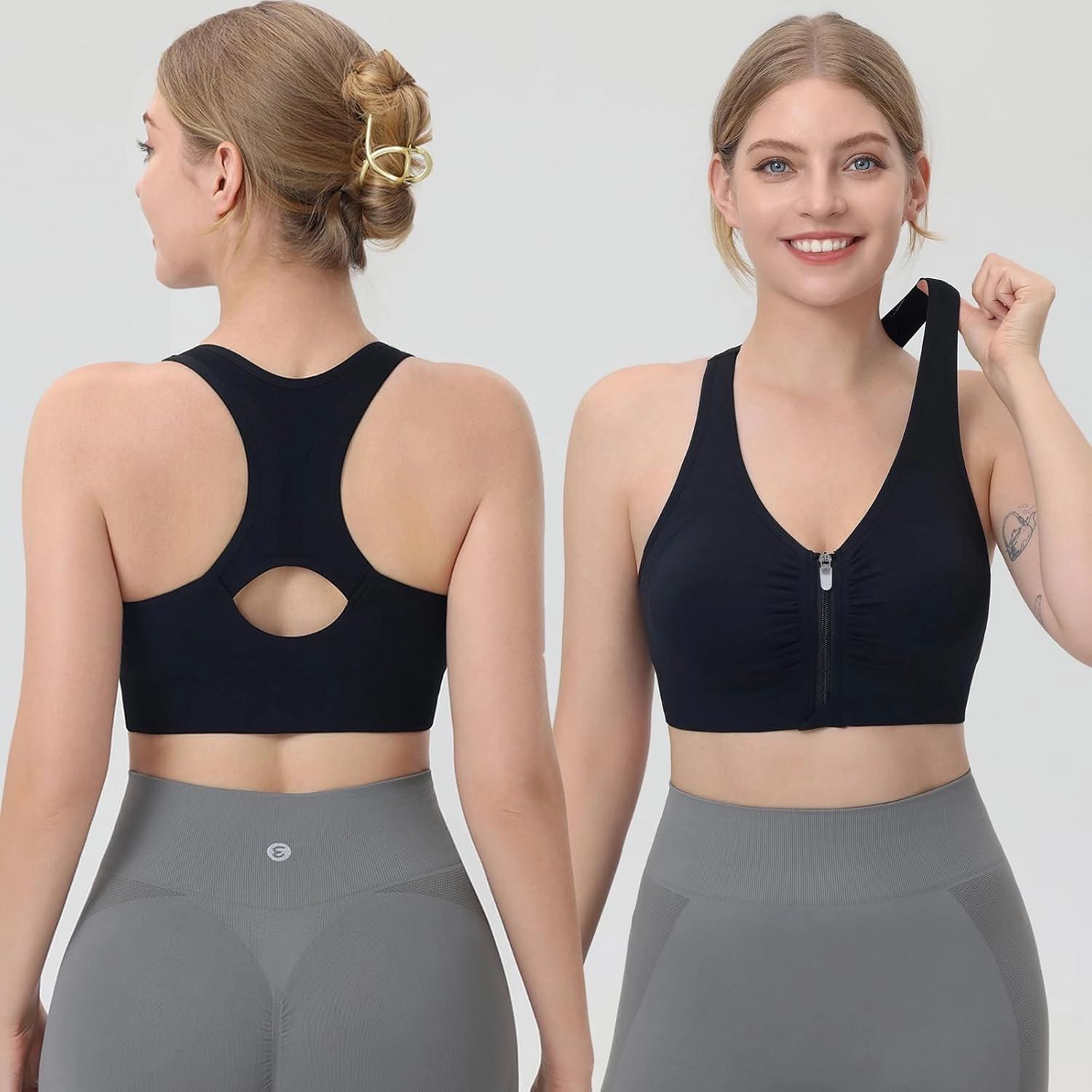 Evercute Women's Zip Front Sports Bras Wireless Padded Racerback Medium Support Post-Surgery Bra Yoga Exercise Athletic Bras