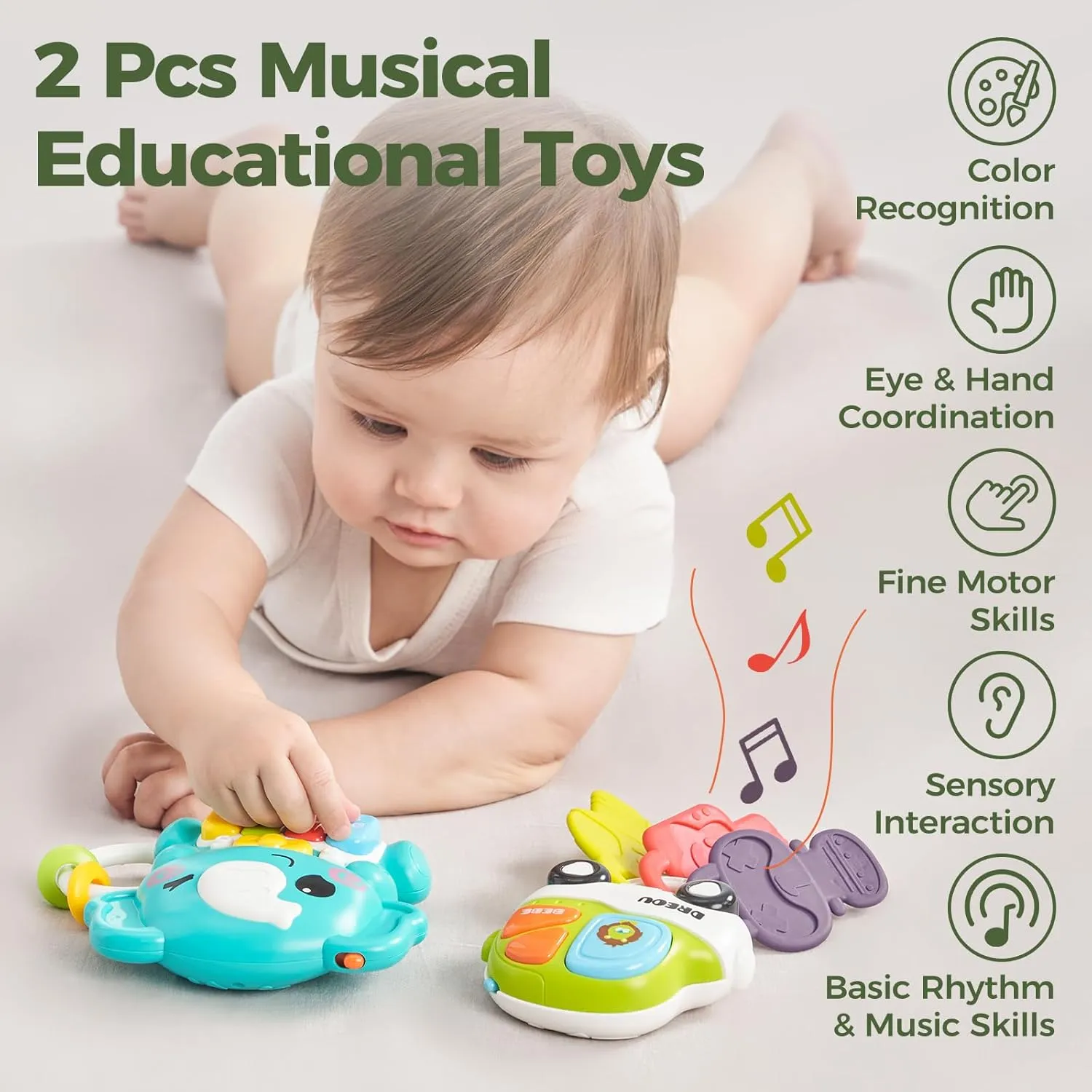 Evoceler Baby Toys, Keyboard Musical Toys with Teethers & 4 Music Modes, 2 Pcs Light Up Interactive Educational Baby Piano Toys for Toddlers 18  Months (Elephant Design)