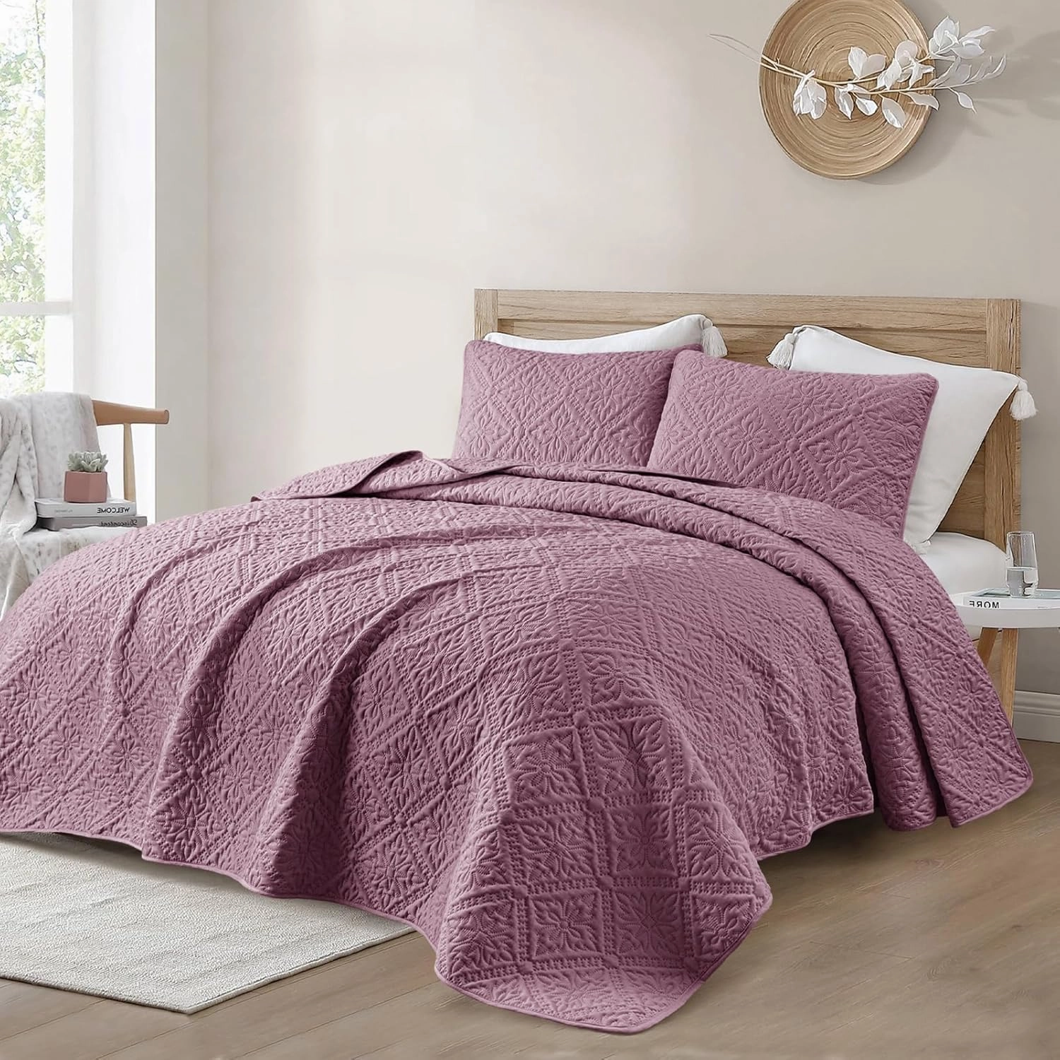 Exclusivo Mezcla King Quilt Bedding Set, Lightweight Soft Bedspreads Coverlets with 2 Pillow Shams, Modern Dusty Lavender Oversized Quilts King Size for All Seasons
