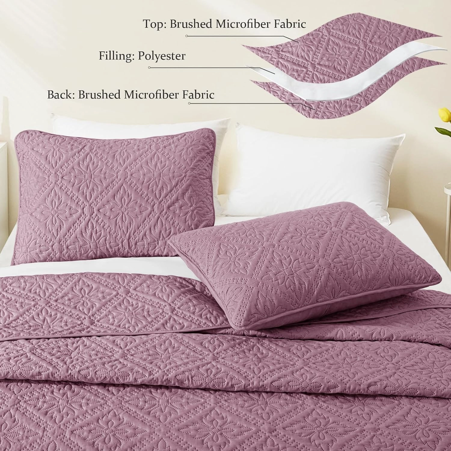 Exclusivo Mezcla King Quilt Bedding Set, Lightweight Soft Bedspreads Coverlets with 2 Pillow Shams, Modern Dusty Lavender Oversized Quilts King Size for All Seasons