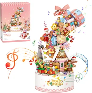 Falls Building Blocks Rotating Music Box Set,Candy Flower Bonsai Botanical Collection with Light,Home Decor (Christmas)