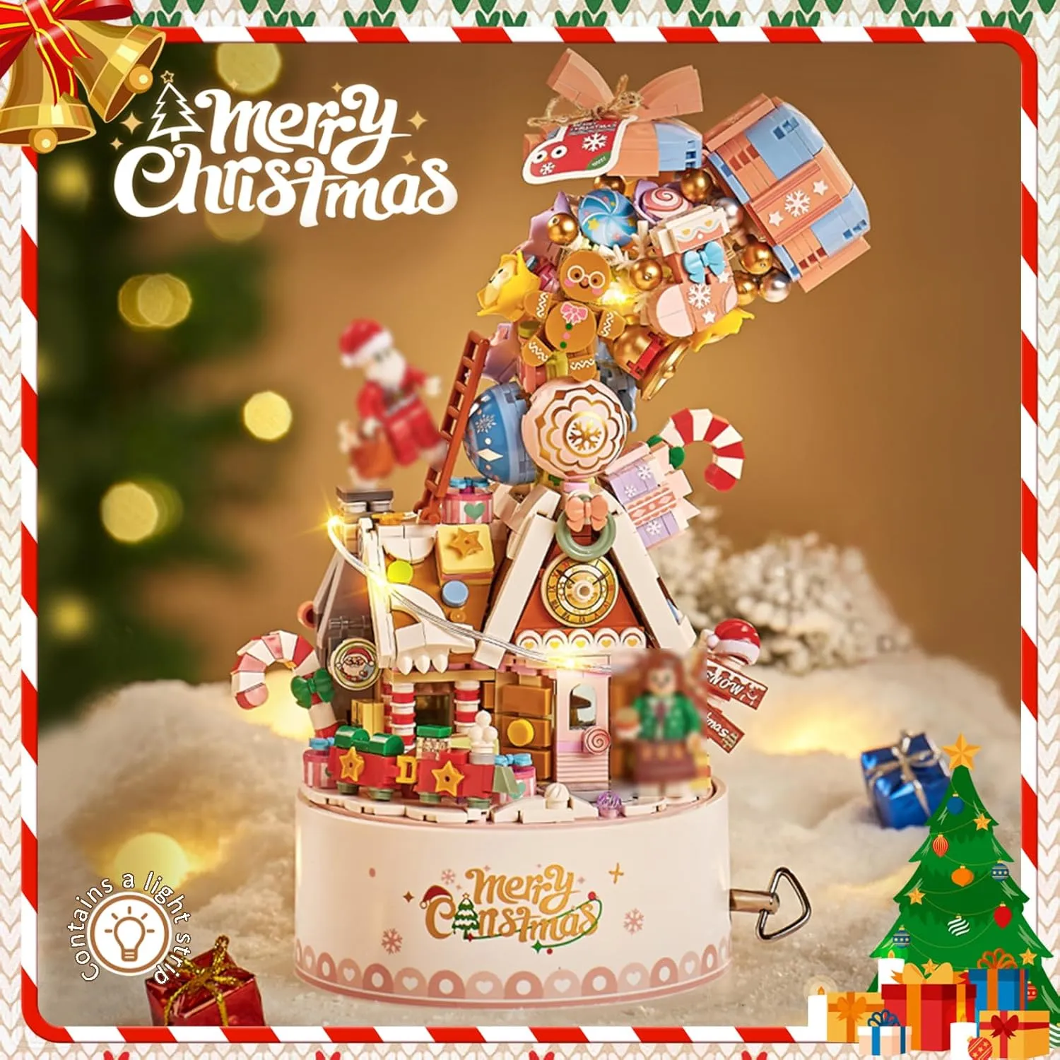 Falls Building Blocks Rotating Music Box Set,Candy Flower Bonsai Botanical Collection with Light,Home Decor (Christmas)