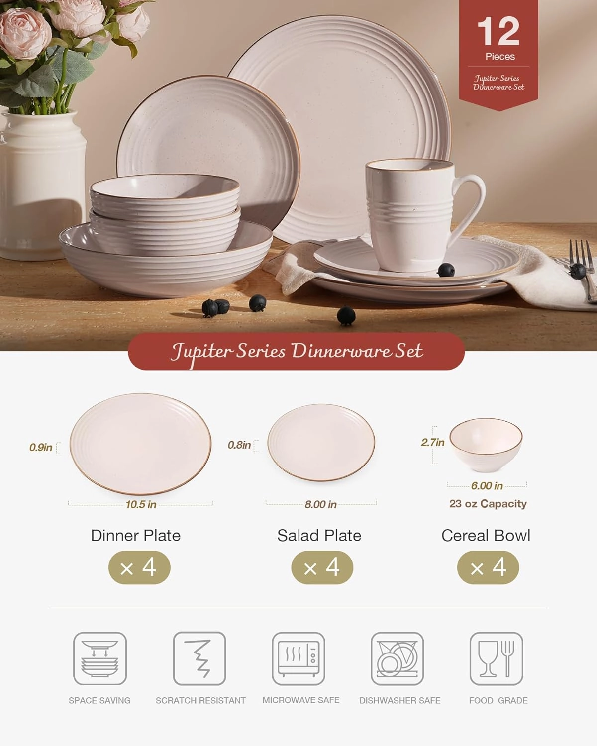 Famiware Jupiter Dinnerware Set, Plates and Bowls Dish Sets for 4 (12 Pieces), Microwave and Dishwasher Safe Stoneware Tableware, Chip and Scratch Resistant, Light Pink