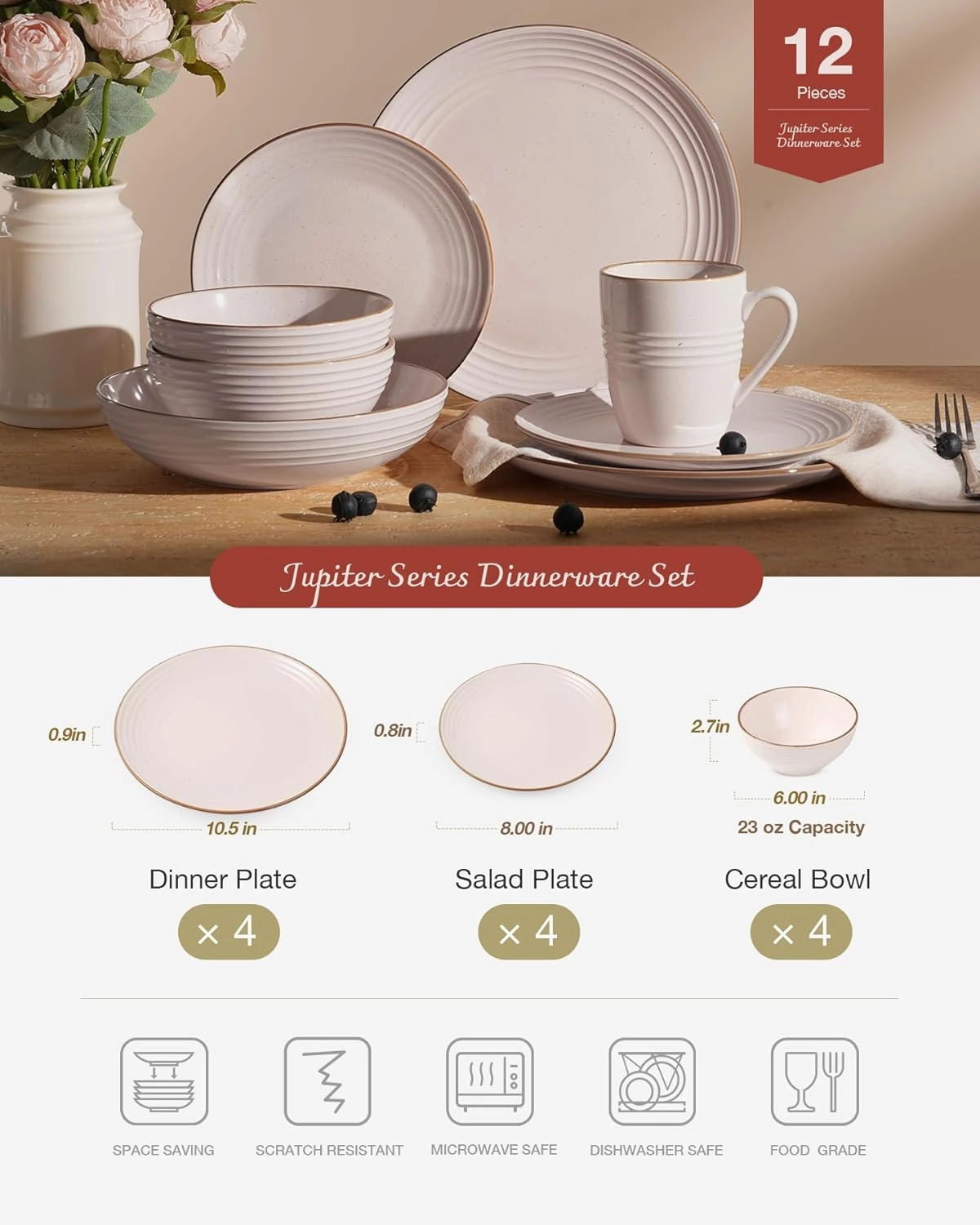 Famiware Jupiter Dinnerware Set, Plates and Bowls Dish Sets for 4 (12 Pieces), Microwave and Dishwasher Safe Stoneware Tableware, Chip and Scratch Resistant, Light Pink