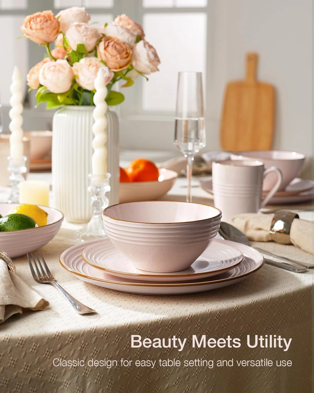 Famiware Jupiter Dinnerware Set, Plates and Bowls Dish Sets for 4 (12 Pieces), Microwave and Dishwasher Safe Stoneware Tableware, Chip and Scratch Resistant, Light Pink