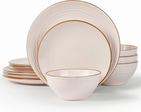 Famiware Jupiter Dinnerware Set, Plates and Bowls Dish Sets for 4 (12 Pieces), Microwave and Dishwasher Safe Stoneware Tableware, Chip and Scratch Resistant, Light Pink