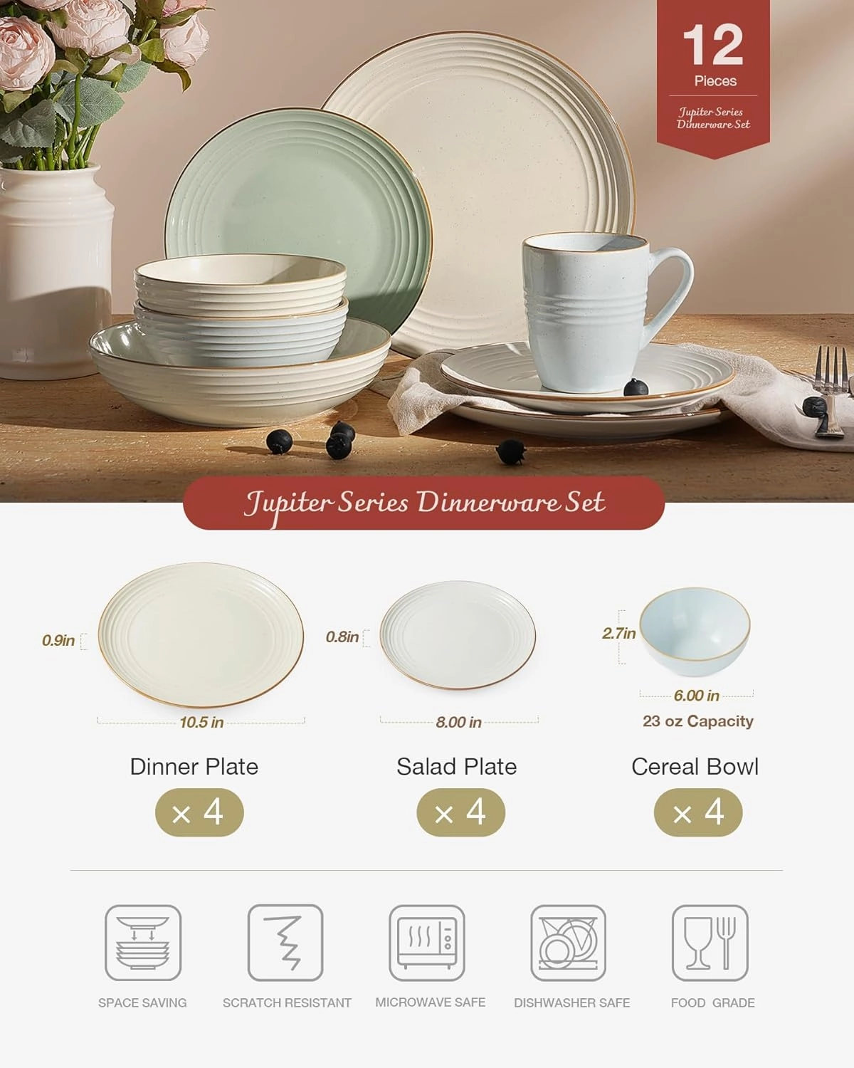 Famiware Jupiter Dinnerware Set, Plates and Bowls Dish Sets for 4 (12 Pieces), Microwave and Dishwasher Safe Stoneware Tableware, Chip and Scratch Resistant, Multi-color