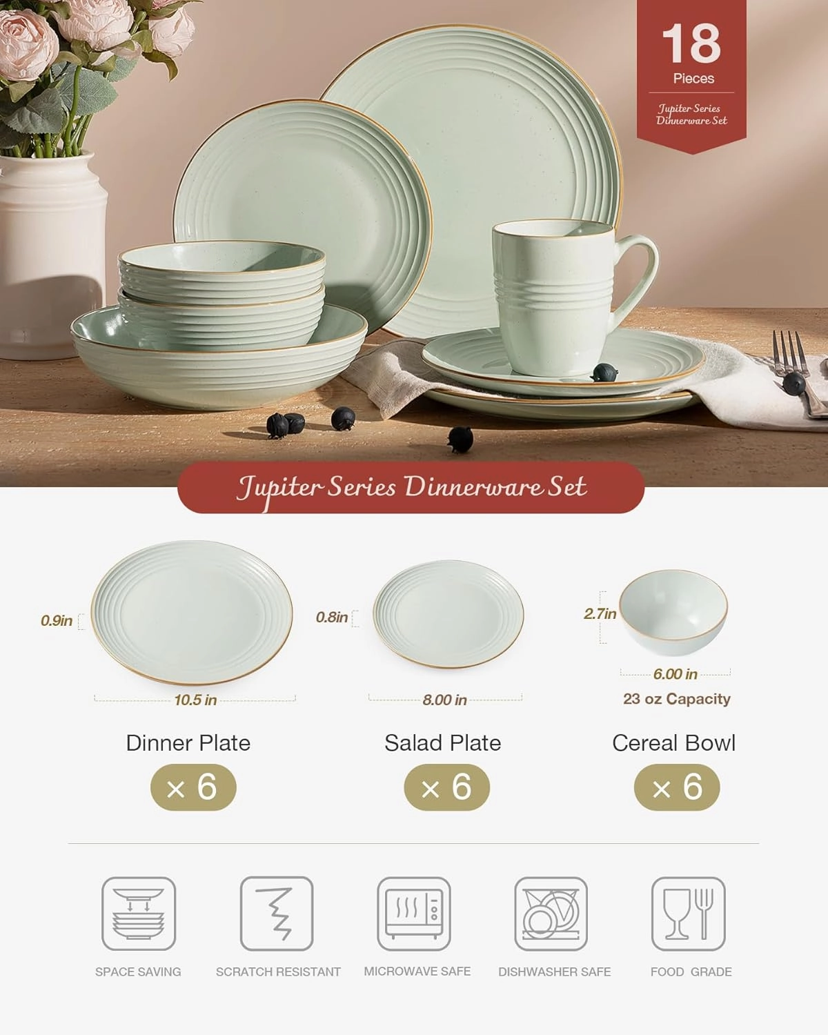 Famiware Jupiter Dinnerware Set, Plates and Bowls Dish Sets for 6 (18 Pieces), Microwave and Dishwasher Safe Stoneware Tableware, Chip and Scratch Resistant, Light Green