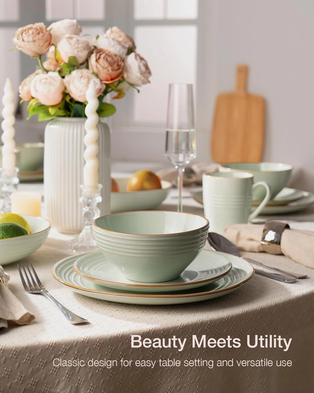 Famiware Jupiter Dinnerware Set, Plates and Bowls Dish Sets for 6 (18 Pieces), Microwave and Dishwasher Safe Stoneware Tableware, Chip and Scratch Resistant, Light Green