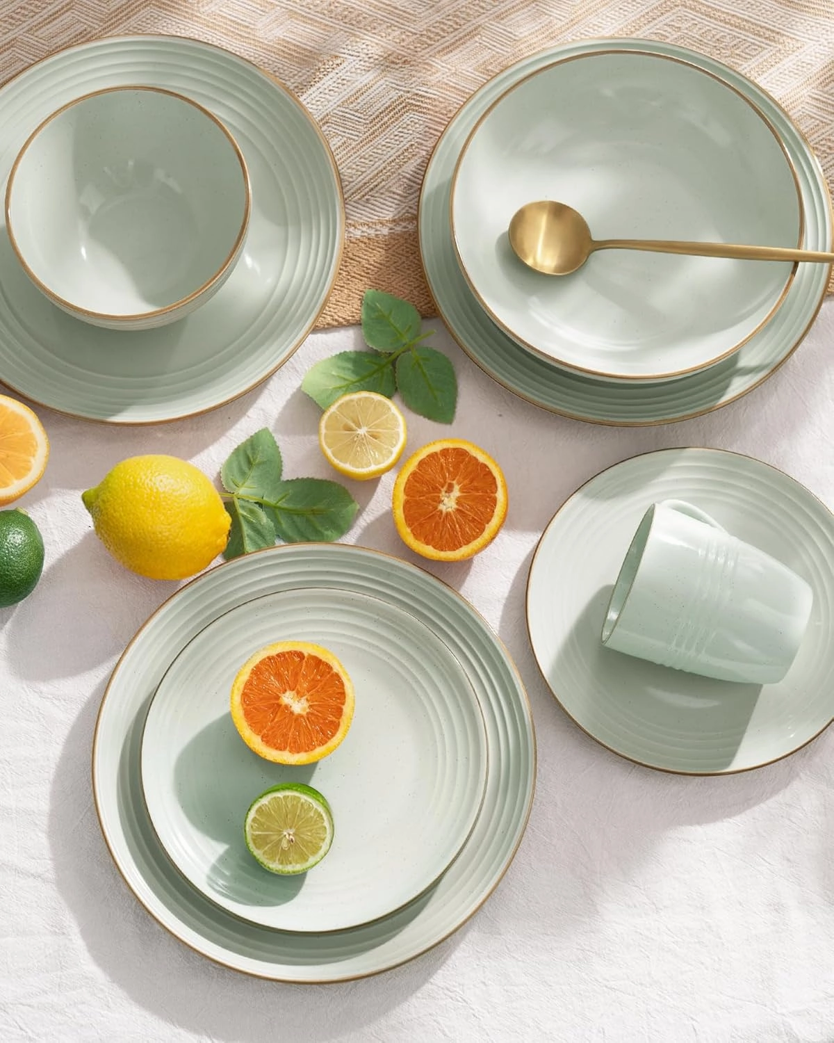Famiware Jupiter Dinnerware Set, Plates and Bowls Dish Sets for 6 (18 Pieces), Microwave and Dishwasher Safe Stoneware Tableware, Chip and Scratch Resistant, Light Green