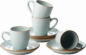famiware Jupiter Espresso Cups and Saucers Set of 4, 3 oz Ceramic Small Coffee Mug with Handle, Spiral Stoneware Demitasse Cup for Tea, Latte, Cafe - Microwave & Dishwasher Safe, Light Blue