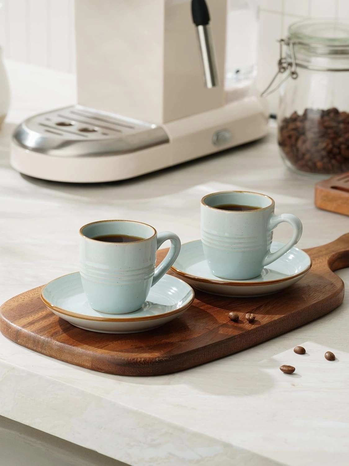 famiware Jupiter Espresso Cups and Saucers Set of 4, 3 oz Ceramic Small Coffee Mug with Handle, Spiral Stoneware Demitasse Cup for Tea, Latte, Cafe - Microwave & Dishwasher Safe, Light Blue