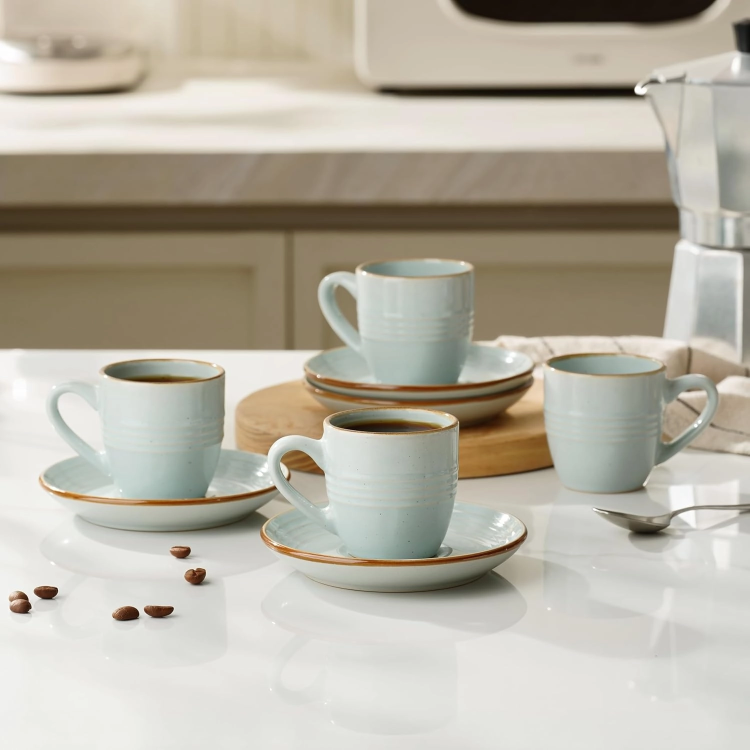 famiware Jupiter Espresso Cups and Saucers Set of 4, 3 oz Ceramic Small Coffee Mug with Handle, Spiral Stoneware Demitasse Cup for Tea, Latte, Cafe - Microwave & Dishwasher Safe, Light Blue