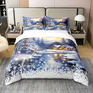 Farmhouse Winter Cotton Duvet Cover Queen Watercolor Christmas Trees Colorful Lights Decor Bedding Set for Kids Teens Adults Jungle Cabin Rustic Dreamy Comforter Cover with 2 Pillowcases(No Comforter)