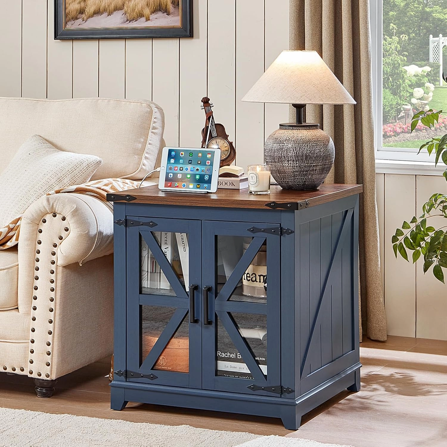 Farmhouse End Table with Charging Station Set 2, 24" Large Sofa Side Table with Glass Barn Door, Blue Nightstand with Adjustable Storage Shelf,Wood Square Bedside Table for Living Room,Bedroom