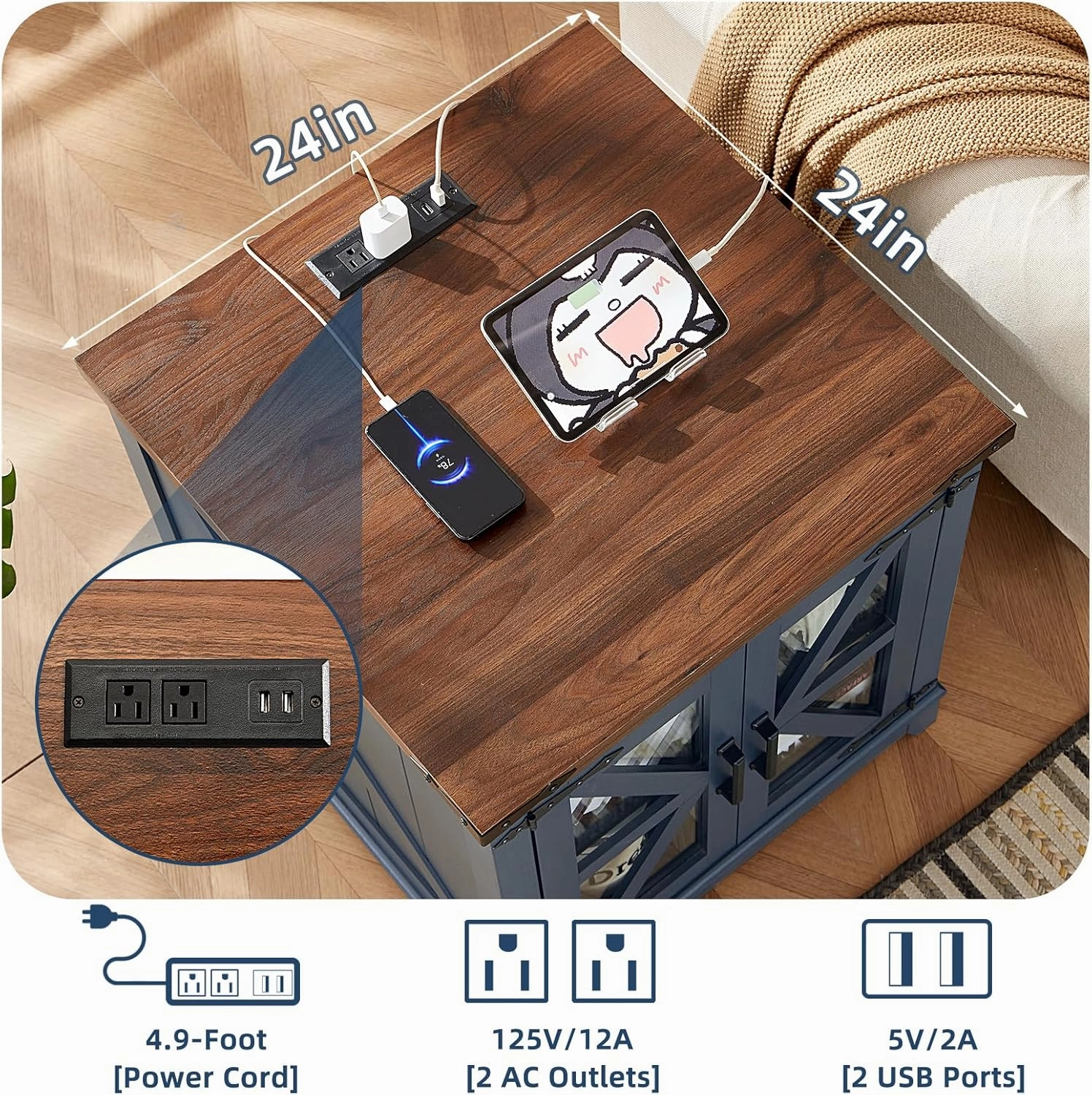 Farmhouse End Table with Charging Station Set 2, 24" Large Sofa Side Table with Glass Barn Door, Blue Nightstand with Adjustable Storage Shelf,Wood Square Bedside Table for Living Room,Bedroom