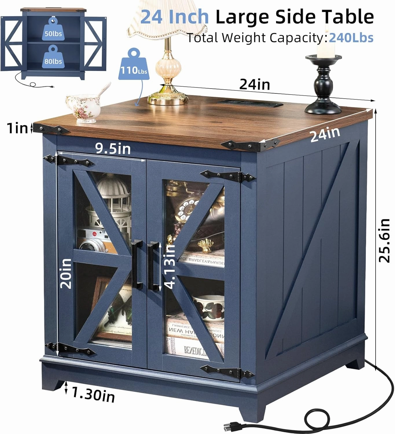 Farmhouse End Table with Charging Station Set 2, 24" Large Sofa Side Table with Glass Barn Door, Blue Nightstand with Adjustable Storage Shelf,Wood Square Bedside Table for Living Room,Bedroom