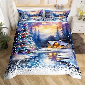 Farmhouse Winter Duvet Cover Queen Size Watercolor Christmas Trees Colorful Lights Decor Bedding Set for Kids Teens Adults Jungle Cabin Rustic Dreamy Comforter Cover with 2 Pillowcases(No Comforter)