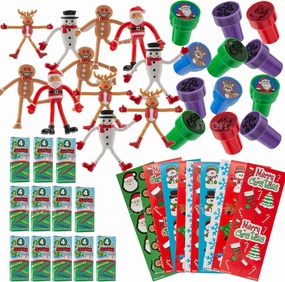 FAVONIR Christmas Party Favor Stuffers 84 Pcs Goody Bag Assortment Bendable Characters, Self-Ink Stampers, Crayons, Colorful Holiday Theme Sticker Assortment Kids Activity Toys And Fun Reward Prizes