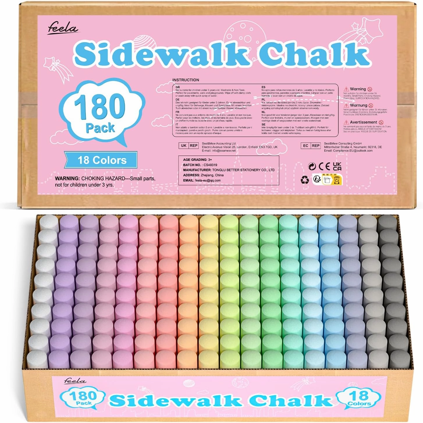 feela 180 Pack Sidewalk Chalk, Sidewalk Chalk Set For Kids Jumbo Chalk Bulk, Great for Kids Family, Paint on Sidewalk Wall School Driveway Blackboard Street Playground, 18 Colors