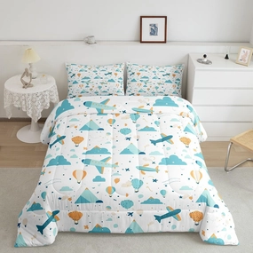 Feelyou Cartoon Aircraft Comforter Set Twin Boys Cute Airplane Print Comforter Hot Air Balloon Bedding Set for Children Girls Travel Decor Duvet Set Colorful Planes Room Decor Quilt Set