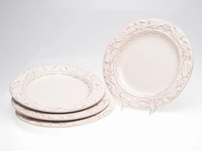 Firenze Ivory Set of 4 Ceramic Dinner Plates – Elegant Embossed 11.5" Plates for Everyday Dining or Entertaining – Vintage-Inspired White Tableware for Classic or Farmhouse Tables