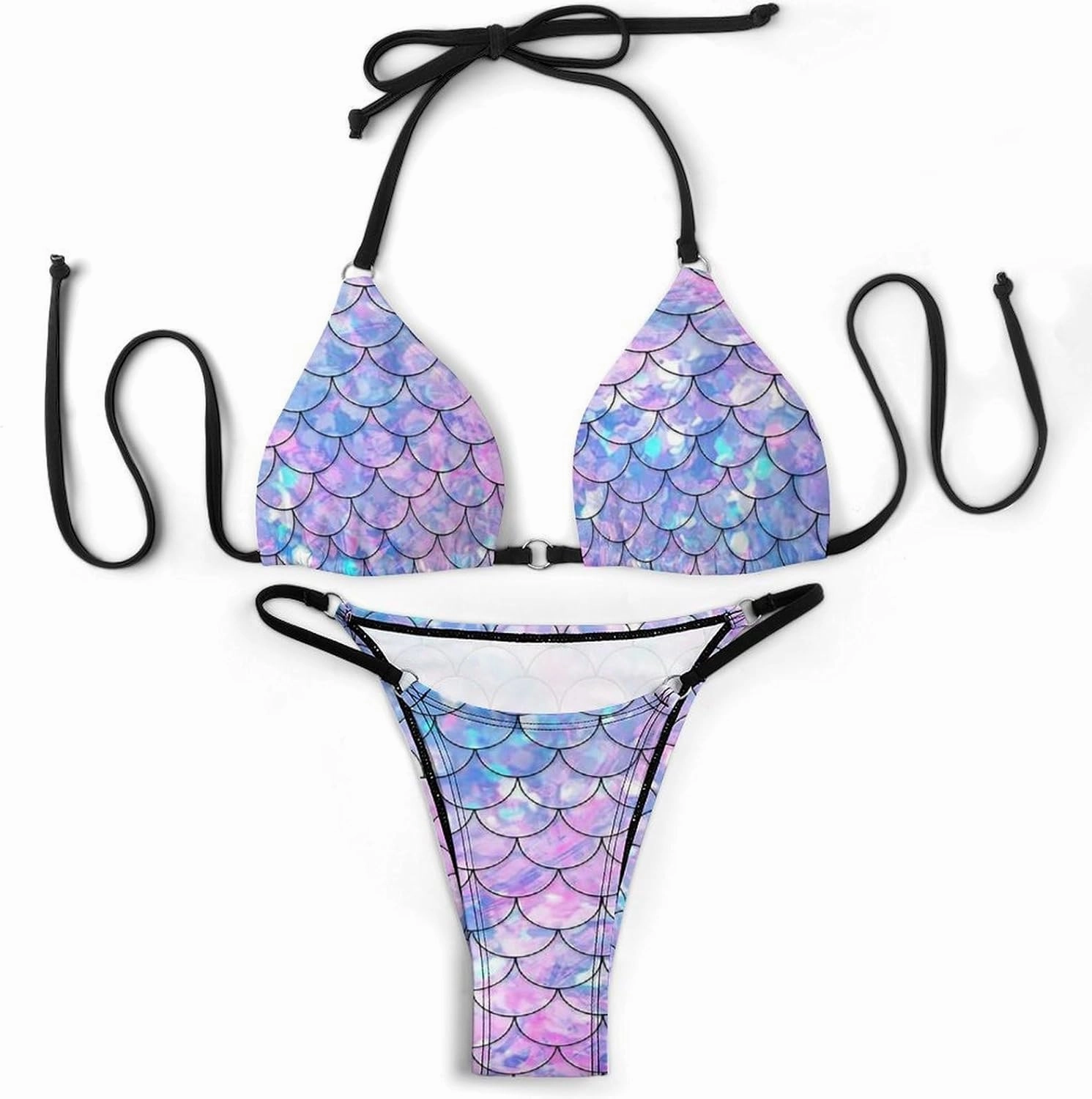 Fish Scale Colorful Bikini Set Womens Sexy Bikini Suits Halter Padded Side Tie Triangle Summer Beach Quick