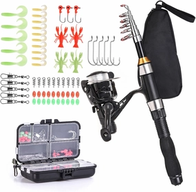 Fishing Rod Reel Combo Full Kit 1.5m Telescopic Fishing Rod Spinning Reel Set with Hooks Soft Lures Barrel Swivels Storage Bag