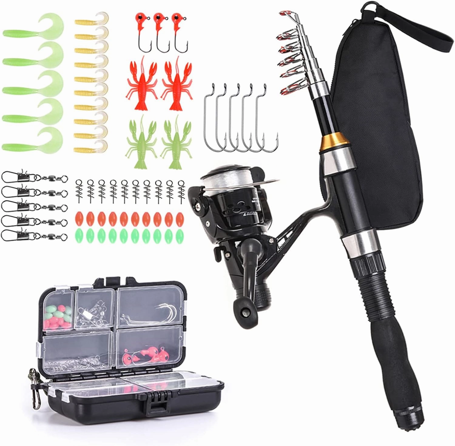 Fishing Rod Reel Combo Full Kit 1.5m Telescopic Fishing Rod Spinning Reel Set with Hooks Soft Lures Barrel Swivels Storage Bag