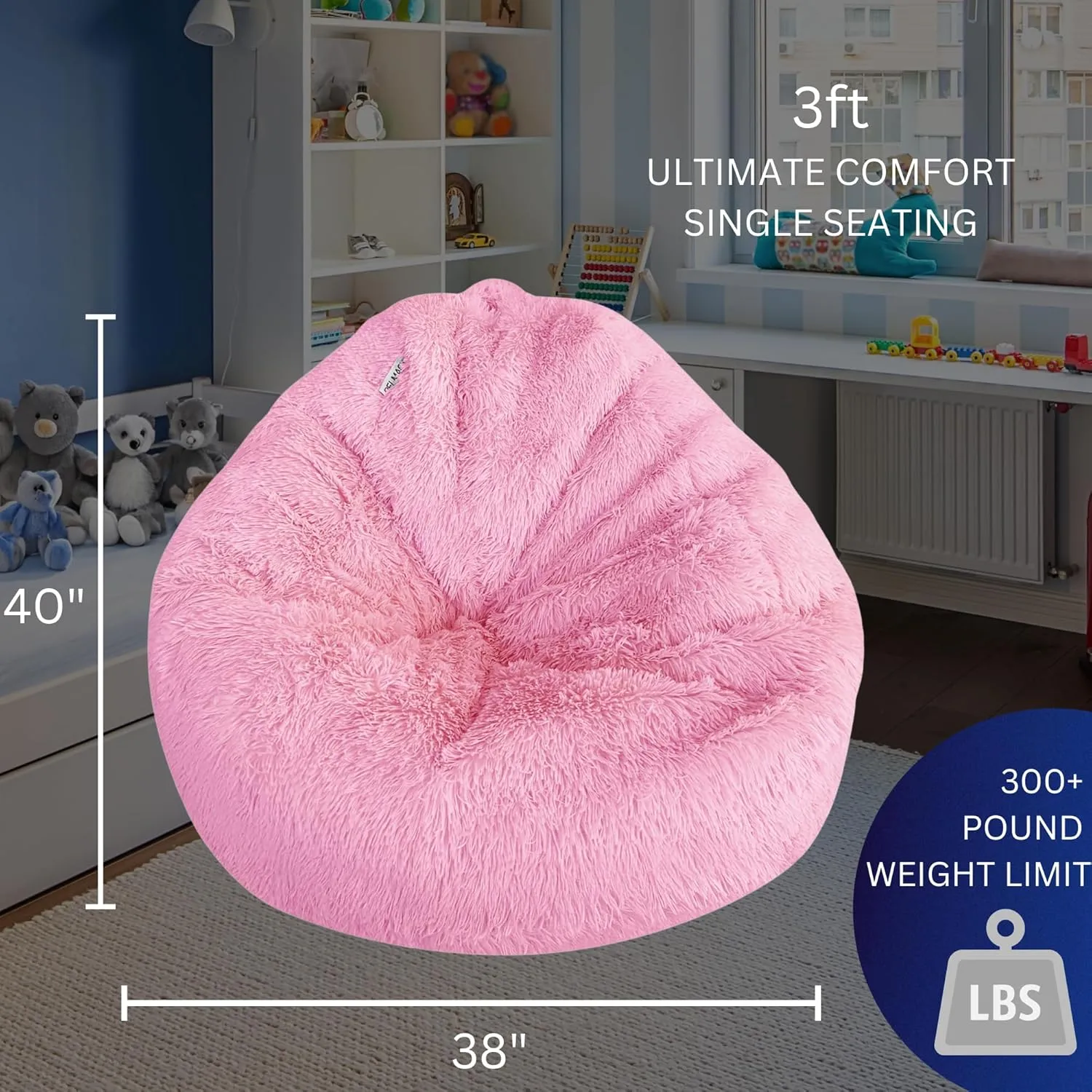 Fluffy Stuffed Animal Storage Bean Bag Chair Cover, Extra Soft 3cm Faux Fur, Comfy for Kids, Adults or Teens, 3 ft Pink (Cover Only)
