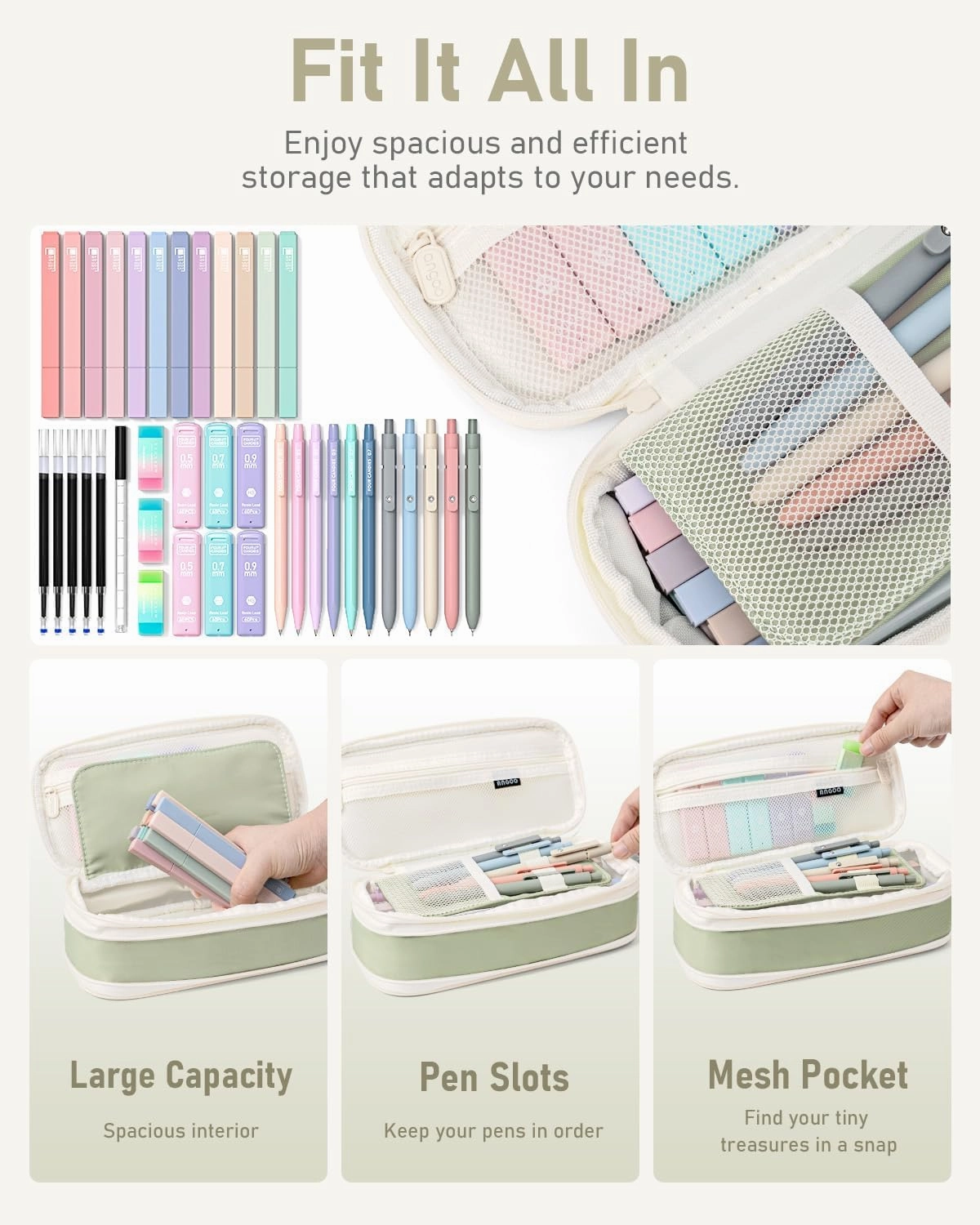 Four Candies 39 PCS Aesthetic School Supplies with Cute Pen Case, 12 Pastel Highlighters, 5 Black Ink Gel Pens, 6 Mechanical Pencils Set 0.5 & 0.7 mm for Students Stationary College Essentials (Green)