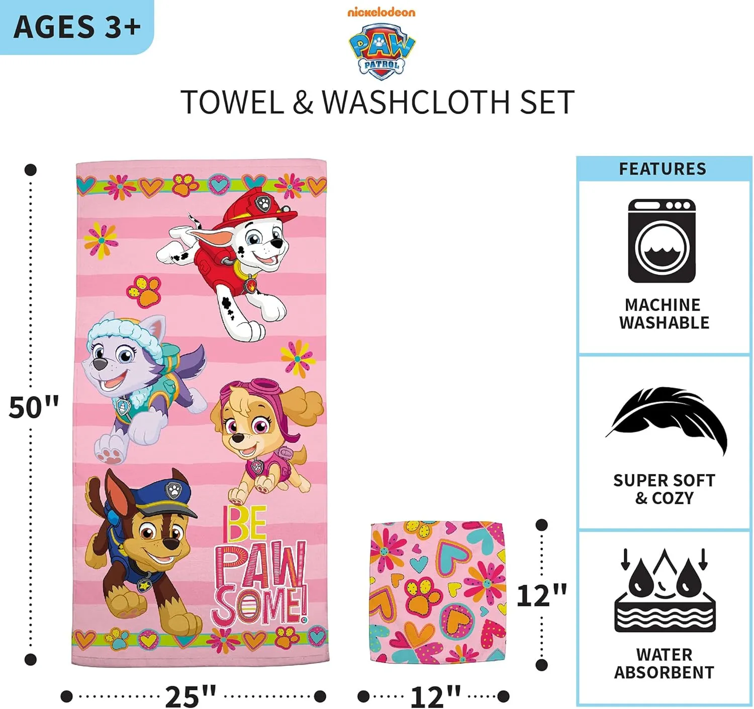 Franco Paw Patrol Girls Kids Bath/Pool/Beach Soft Absorbent Cotton Terry Towel with Washcloth 2 Piece Set, 50 in x 25 in