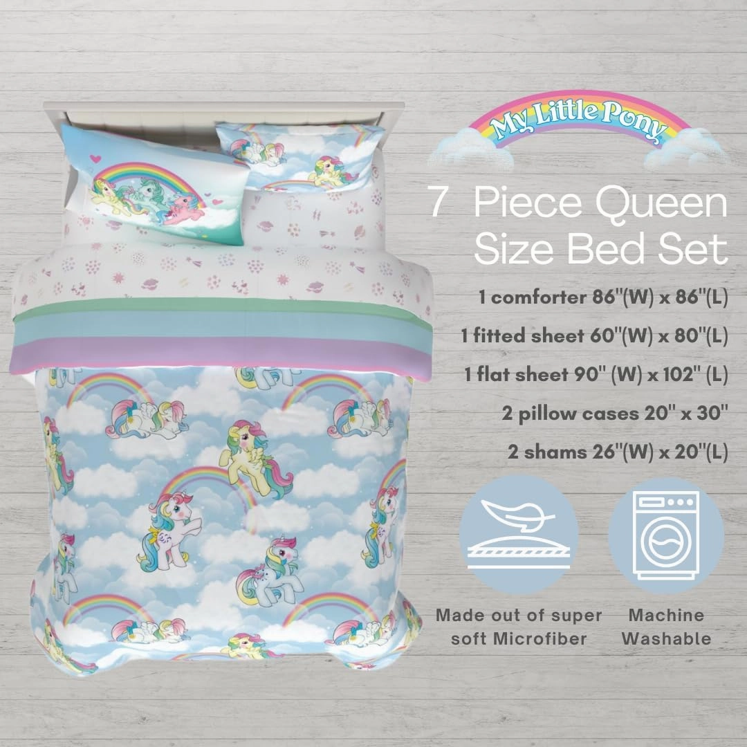 Franco Collectibles My Little Pony Classic Retro Rainbow Bedding 7 Piece Super Soft Comforter and Sheet Set with Sham, Queen, (100% Official Licensed Product)