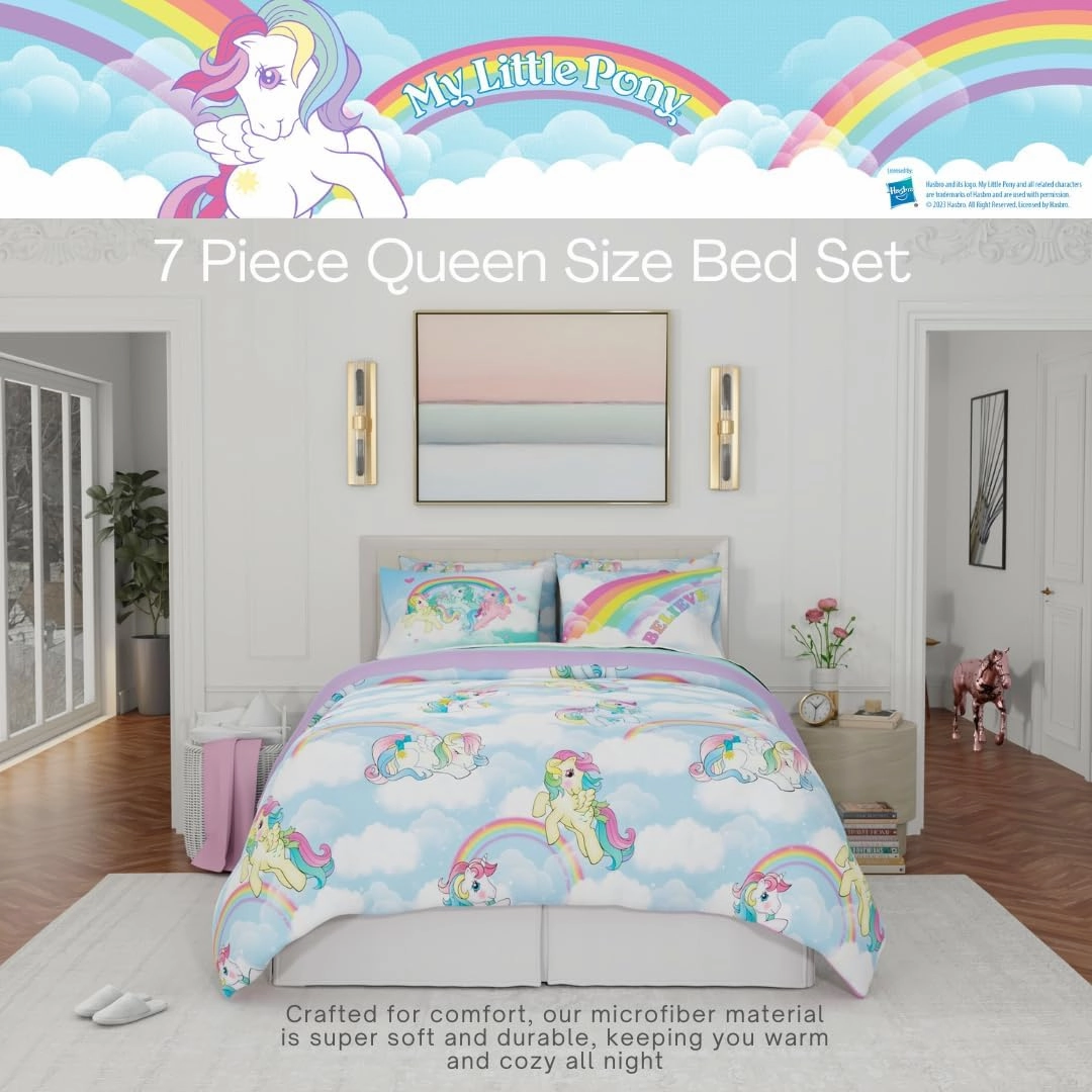 Franco Collectibles My Little Pony Classic Retro Rainbow Bedding 7 Piece Super Soft Comforter and Sheet Set with Sham, Queen, (100% Official Licensed Product)
