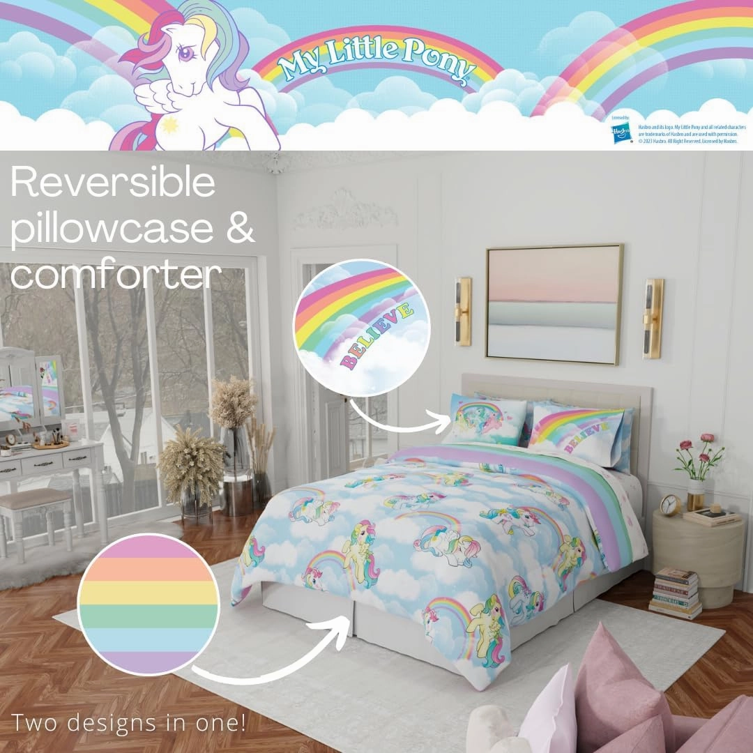 Franco Collectibles My Little Pony Classic Retro Rainbow Bedding 7 Piece Super Soft Comforter and Sheet Set with Sham, Queen, (100% Official Licensed Product)