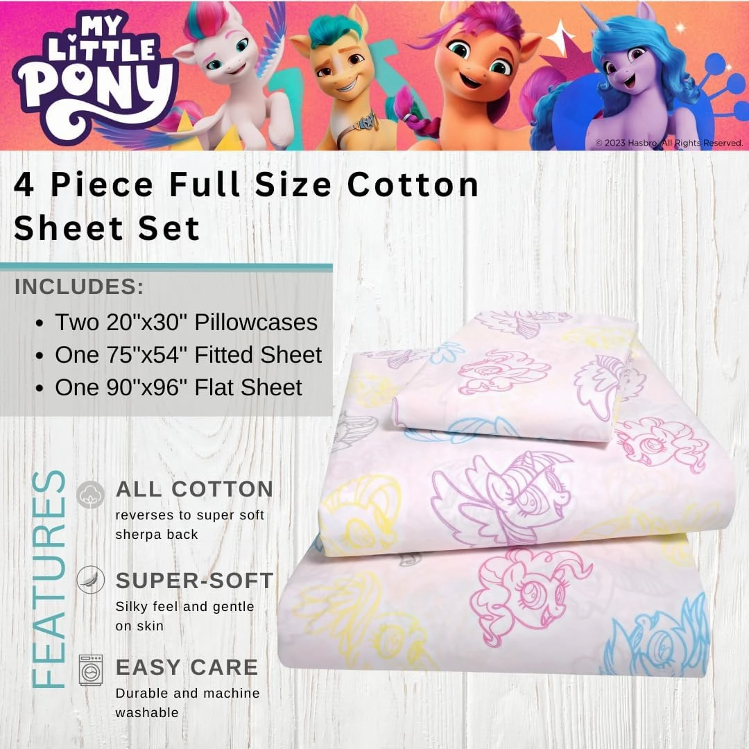 Franco My Little Pony Kids Luxury Bedding Super Soft Premium Cotton 4 Piece Sheet Set, Full, (Officially Licensed Product)