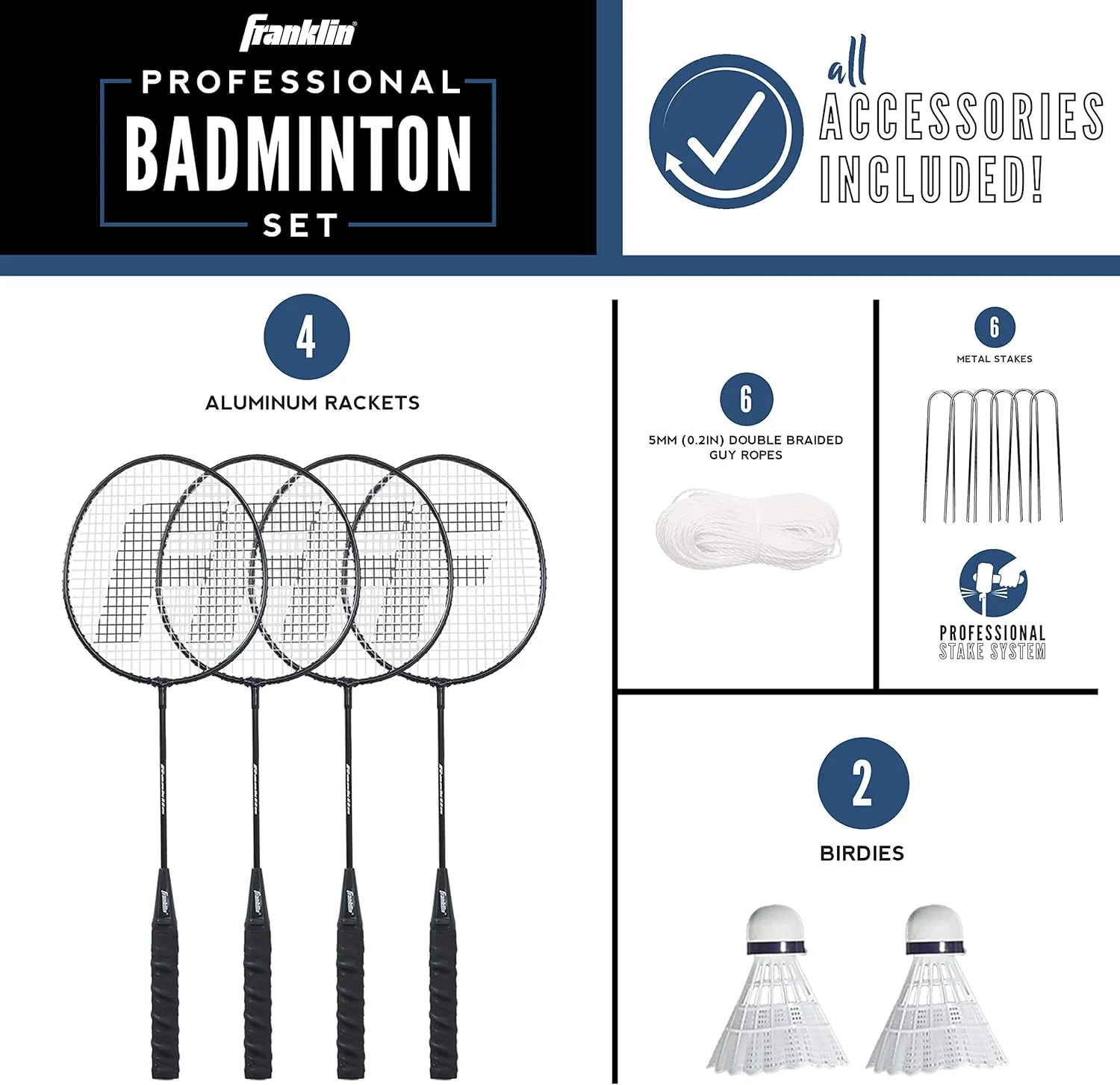 Franklin Sports Badminton Net Sets - Outdoor Backyard   Beach Badminton Net   Equipment Set - (4) Rackets   (2) Birdies   Portable Net Included - Adults   Kids Set