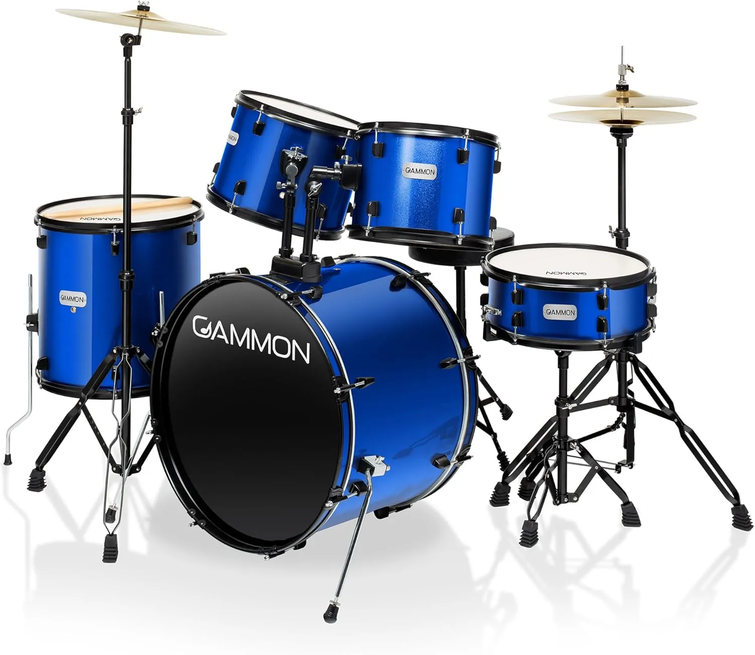 Full Size Complete Adult 5-Piece Drum Set with Cymbals, Stands, Stool, and Sticks - Blue