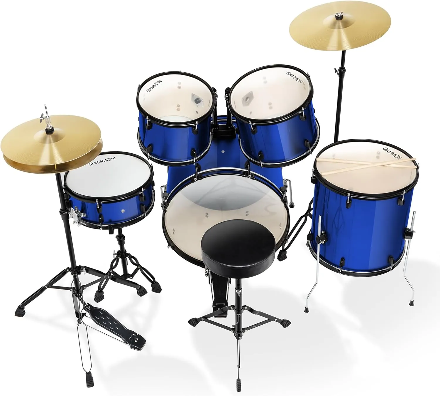 Full Size Complete Adult 5-Piece Drum Set with Cymbals, Stands, Stool, and Sticks - Blue