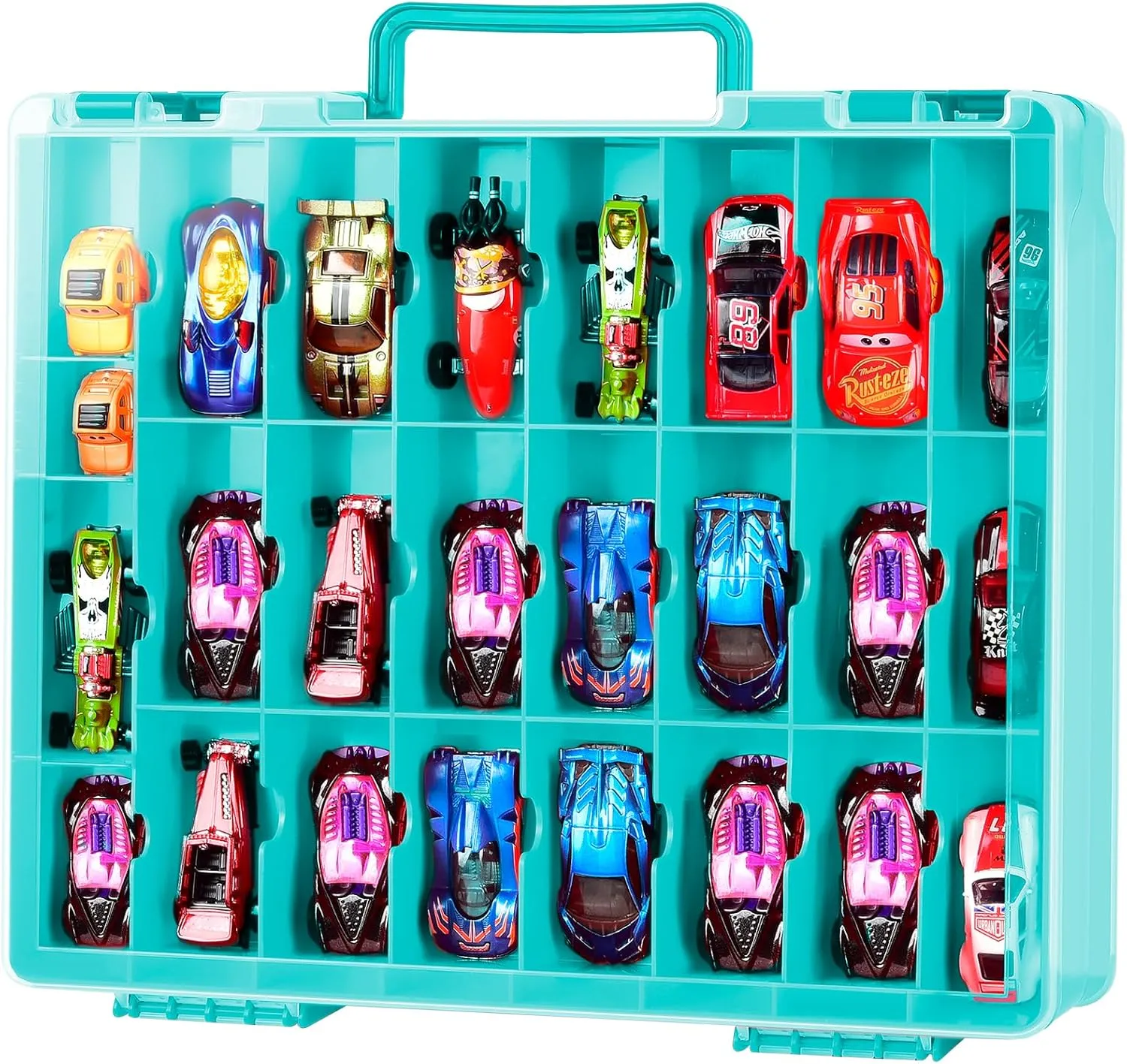 FULLCASE Toys Organizer Storage Compatible with Hot Wheels Car, Container for Matchbox Cars, Mini Toy, Small Dolls, Double Sided Carrying Box for Hotwheels - 48 Compartments (Case Only) Blue