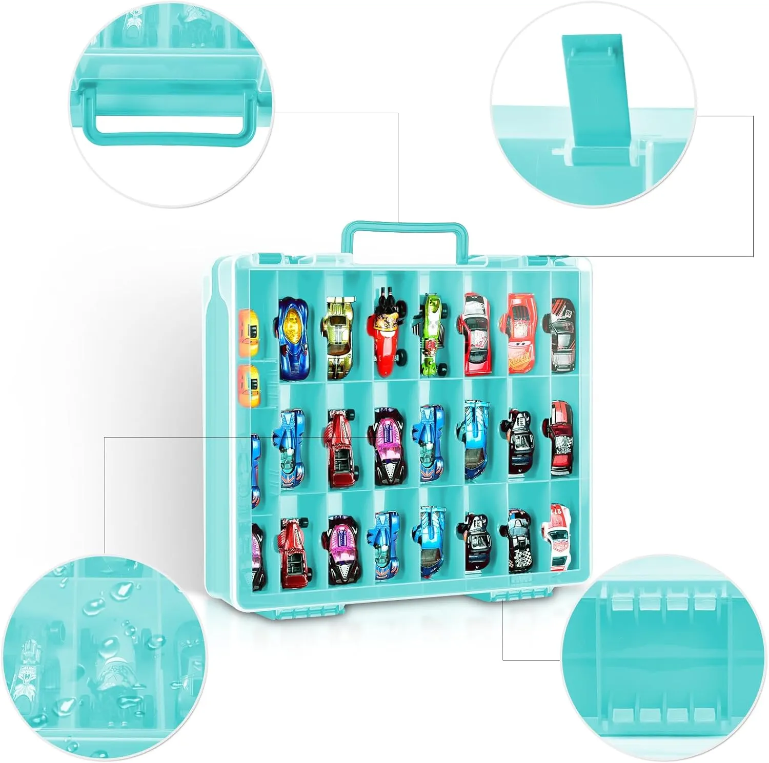 FULLCASE Toys Organizer Storage Compatible with Hot Wheels Car, Container for Matchbox Cars, Mini Toy, Small Dolls, Double Sided Carrying Box for Hotwheels - 48 Compartments (Case Only) Blue