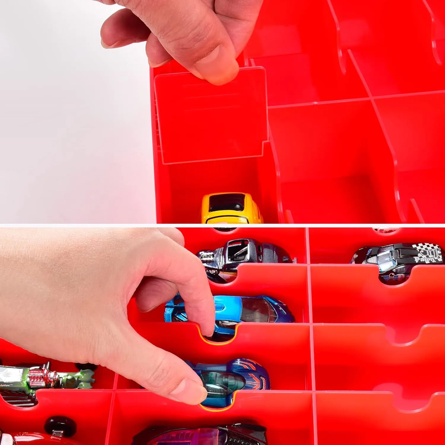FULLCASE Toys Organizer Storage Compatible with Hot Wheels Car, Container for Matchbox Cars, Mini Toy, Small Dolls, Double Sided Carrying Box for Hotwheels - 48 Compartments (Case Only) Red