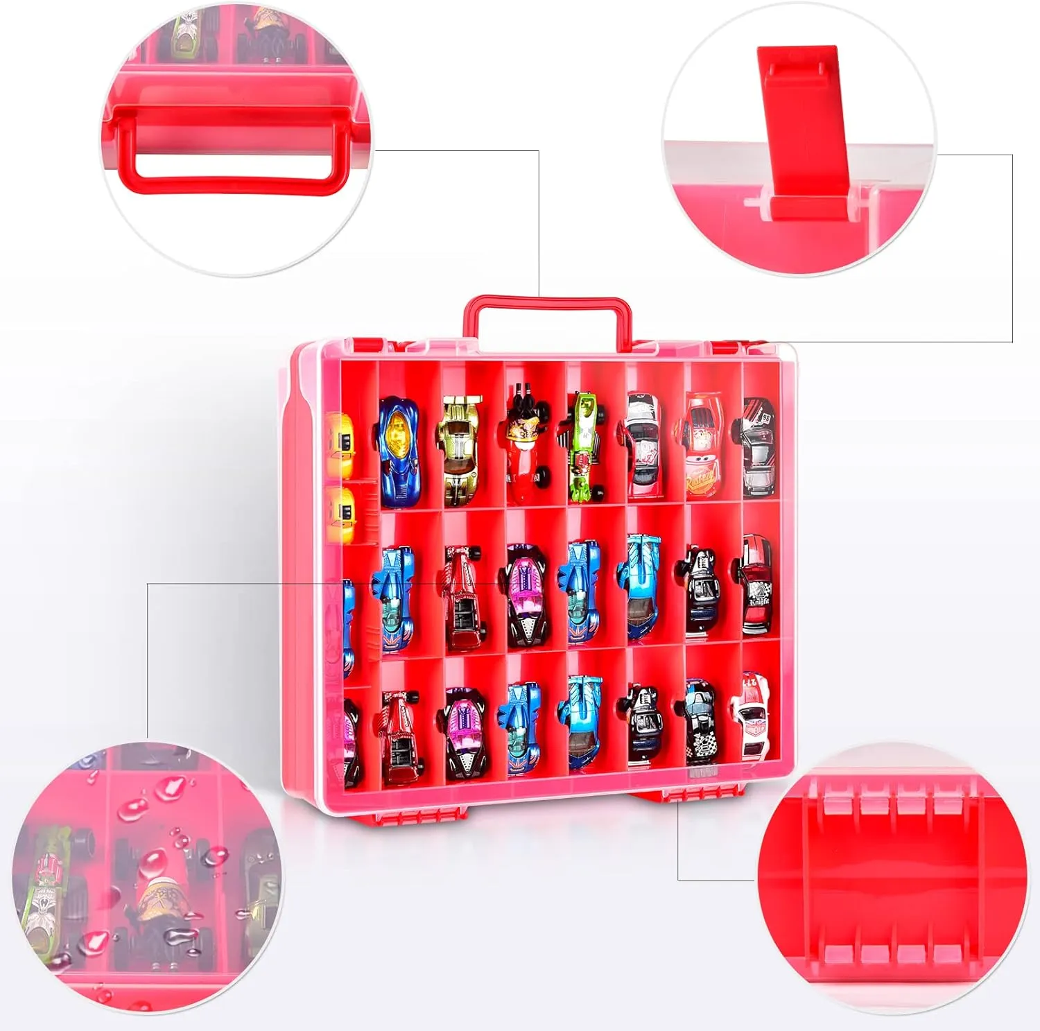 FULLCASE Toys Organizer Storage Compatible with Hot Wheels Car, Container for Matchbox Cars, Mini Toy, Small Dolls, Double Sided Carrying Box for Hotwheels - 48 Compartments (Case Only) Red
