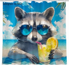 Funny Raccoon Blue Shower Curtain, Colorful Lemon Yellow Curtain, 72x72 Inches Shower Curtains for Bathroom, Snow Fabric Bath Curtains Set with 12 Hooks