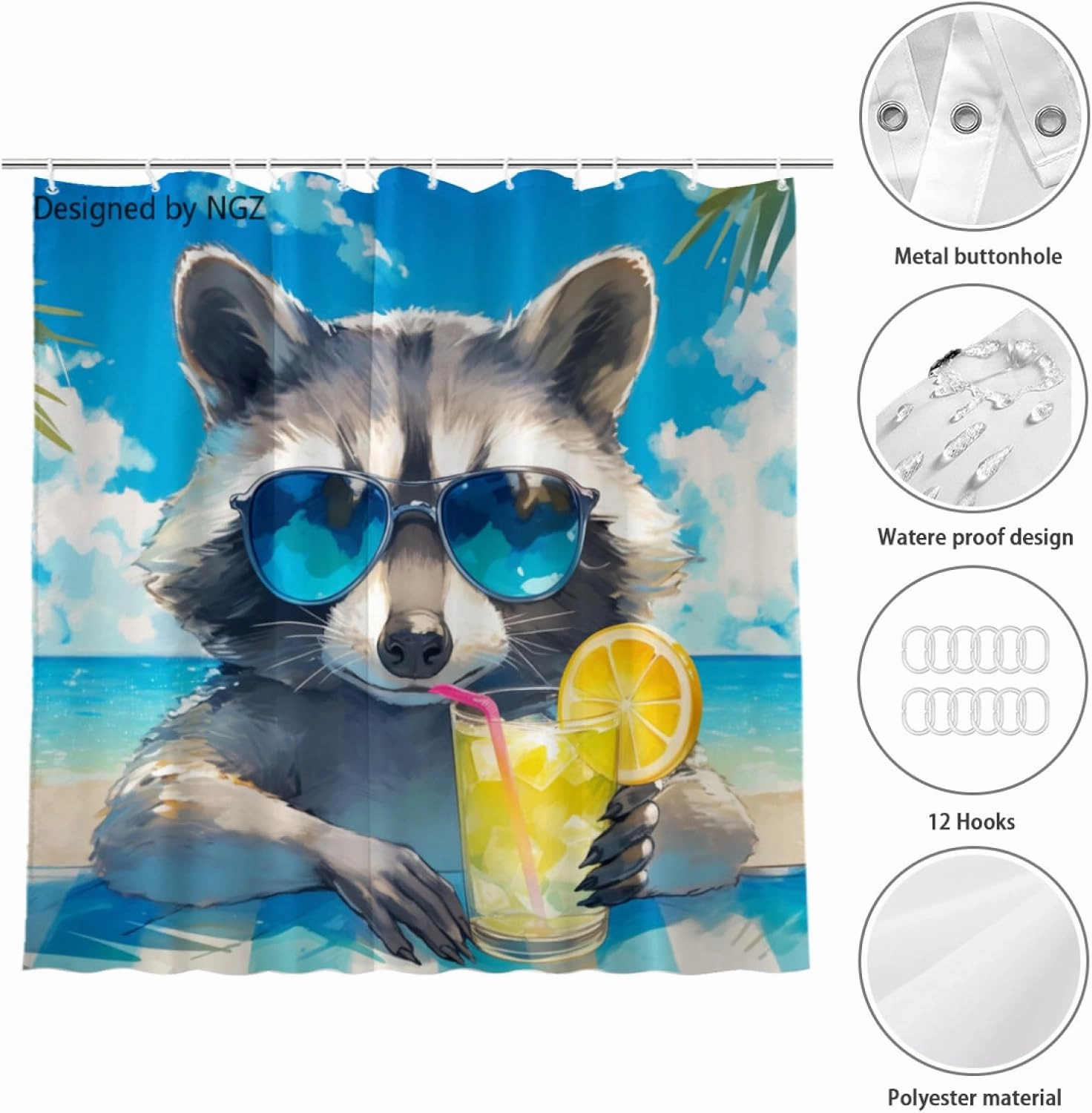 Funny Raccoon Blue Shower Curtain, Colorful Lemon Yellow Curtain, 72x72 Inches Shower Curtains for Bathroom, Snow Fabric Bath Curtains Set with 12 Hooks