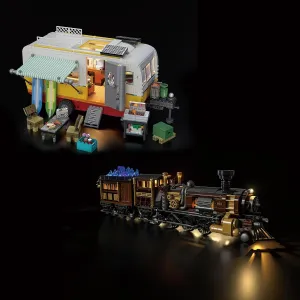 FUNWHOLE Travel Trailer and Steampunk Ore Train Lighting Building-Bricks Set