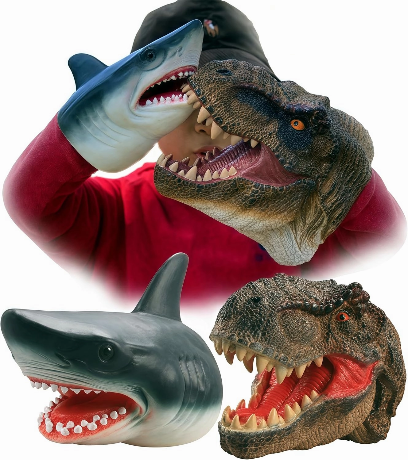 Gemini&Genius Tyrannosaurus & Shark Hand Puppets Dinosaur and Marine Animal World Action Figure Set Funny & Scared Head Hand Puppets for Home, Stage and Class Role Play Toys
