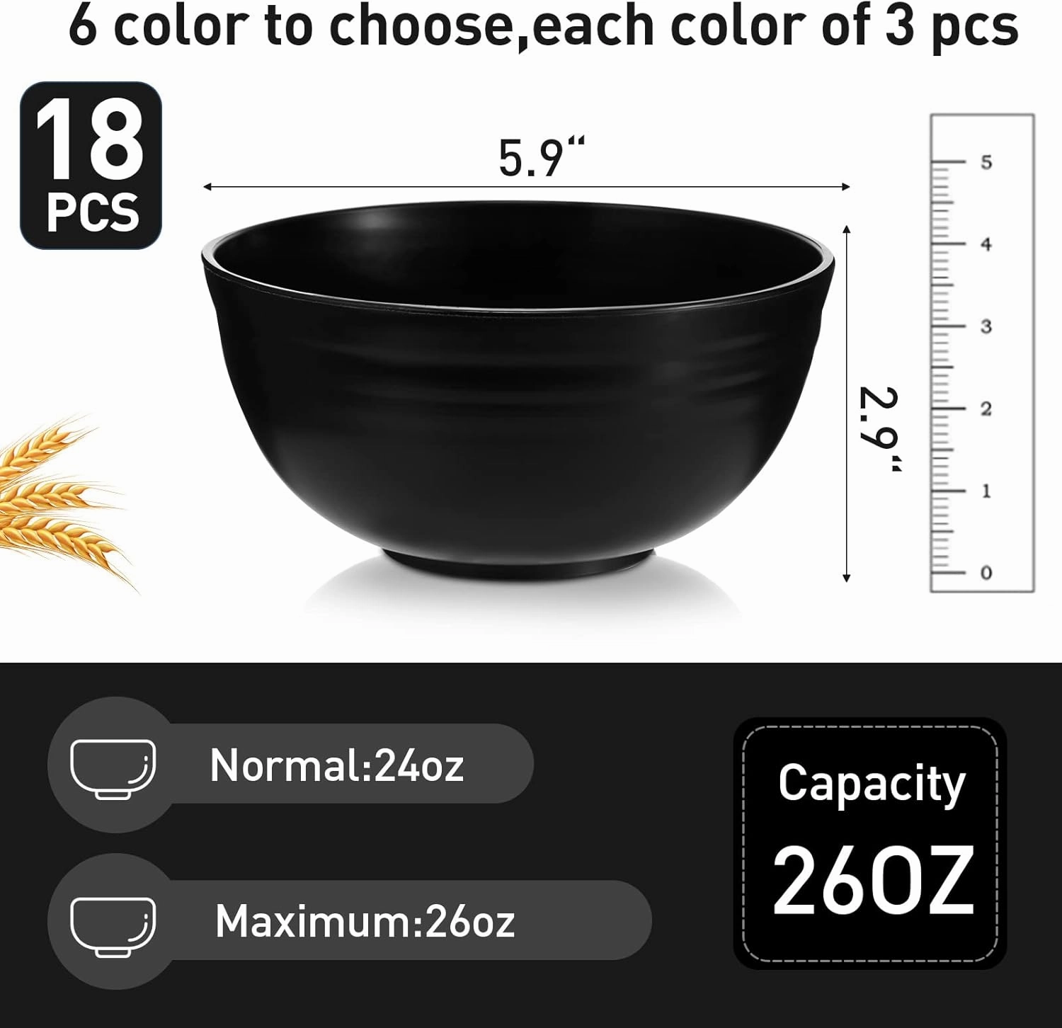 Geosar 18 Pcs Unbreakable Cereal Bowls 24 Oz Microwave and Dishwasher Safe Wheat Straw Fiber Lightweight Bowl for Soup Kitchen Serving Salad Dishes Oatmeal(Black)