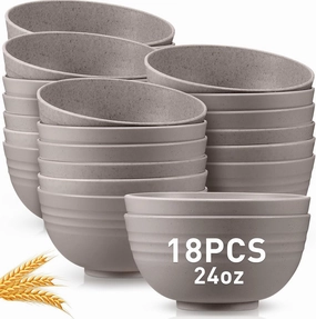 Geosar 18 Pcs Unbreakable Cereal Bowls 24 Oz Microwave and Dishwasher Safe Wheat Straw Fiber Lightweight Bowl for Soup Kitchen Serving Salad Dishes Oatmeal(Gray)