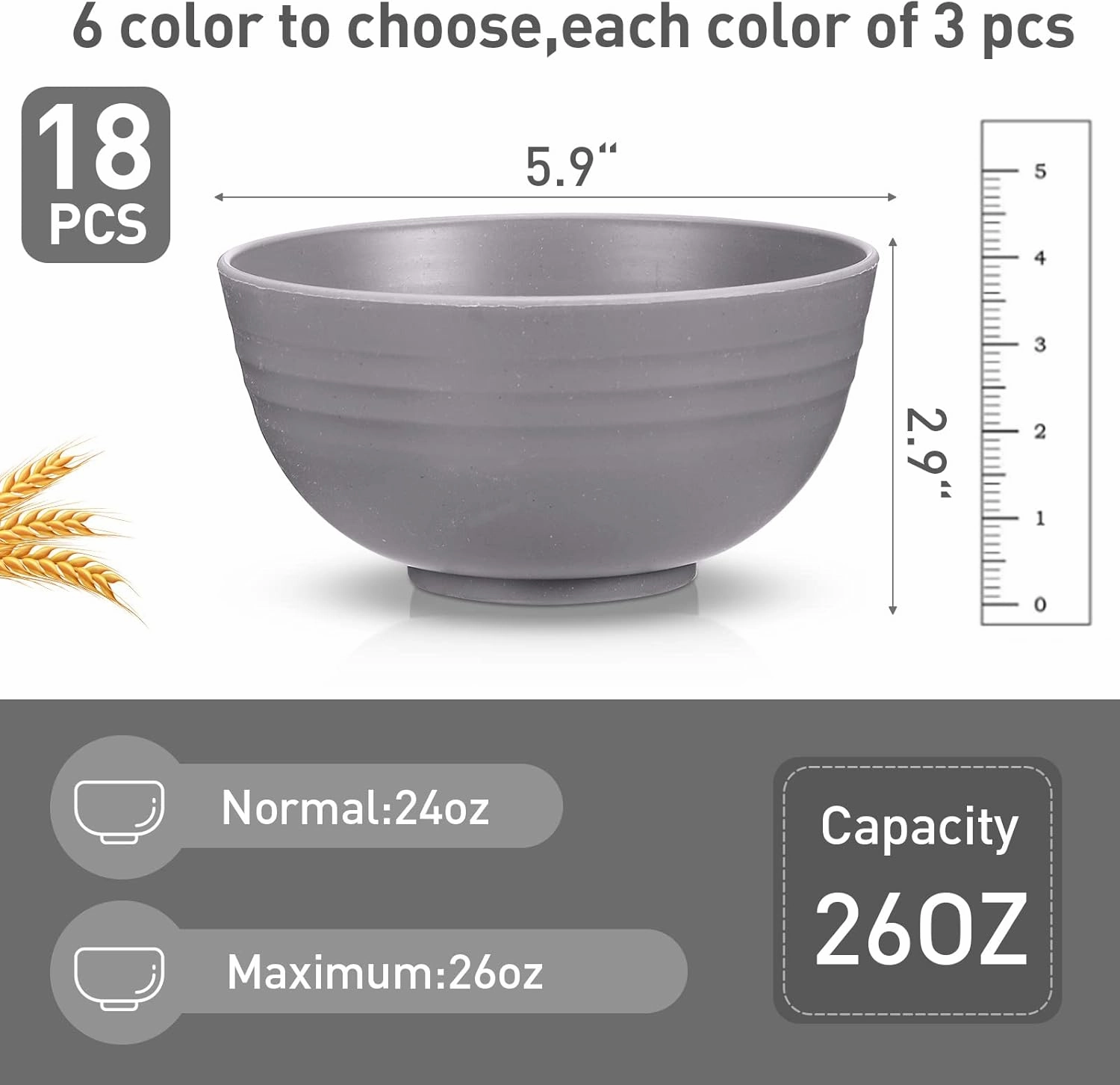 Geosar 18 Pcs Unbreakable Cereal Bowls 24 Oz Microwave and Dishwasher Safe Wheat Straw Fiber Lightweight Bowl for Soup Kitchen Serving Salad Dishes Oatmeal(Gray)